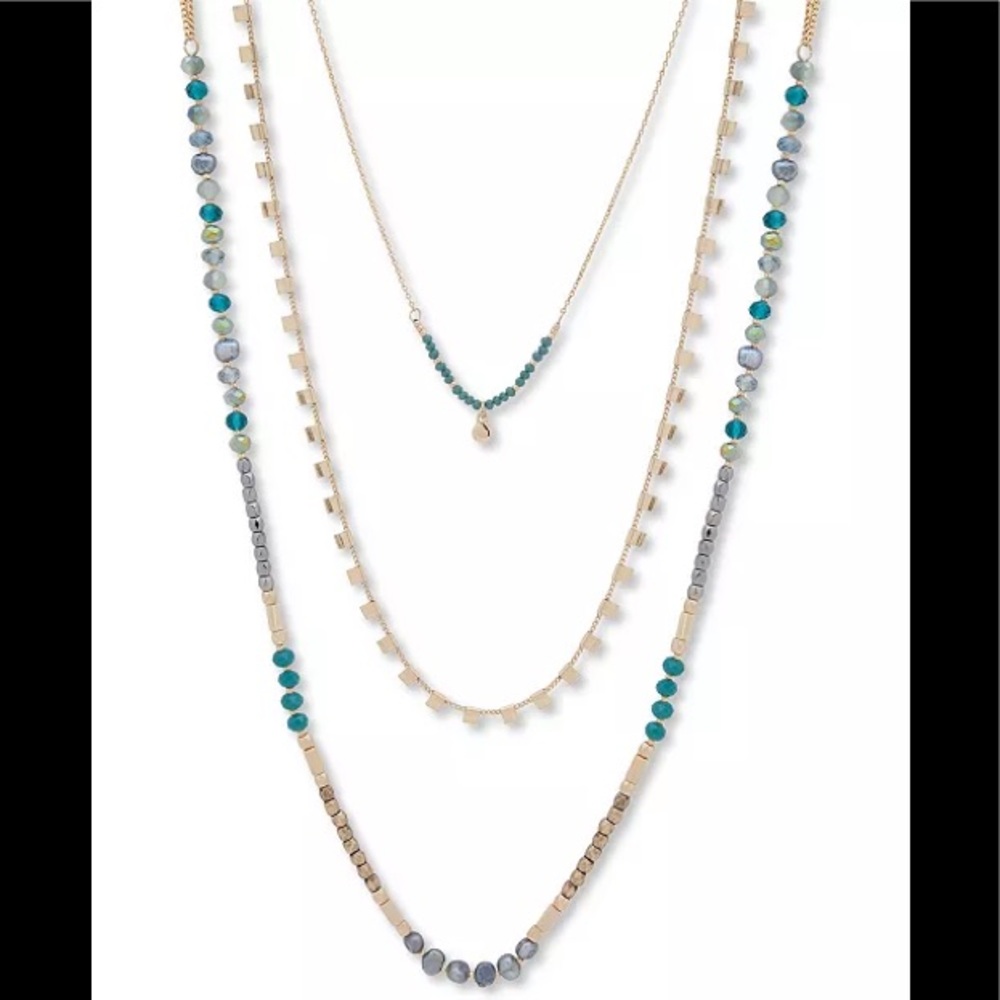 Gold-Tone Beaded Long Three-Row Necklace